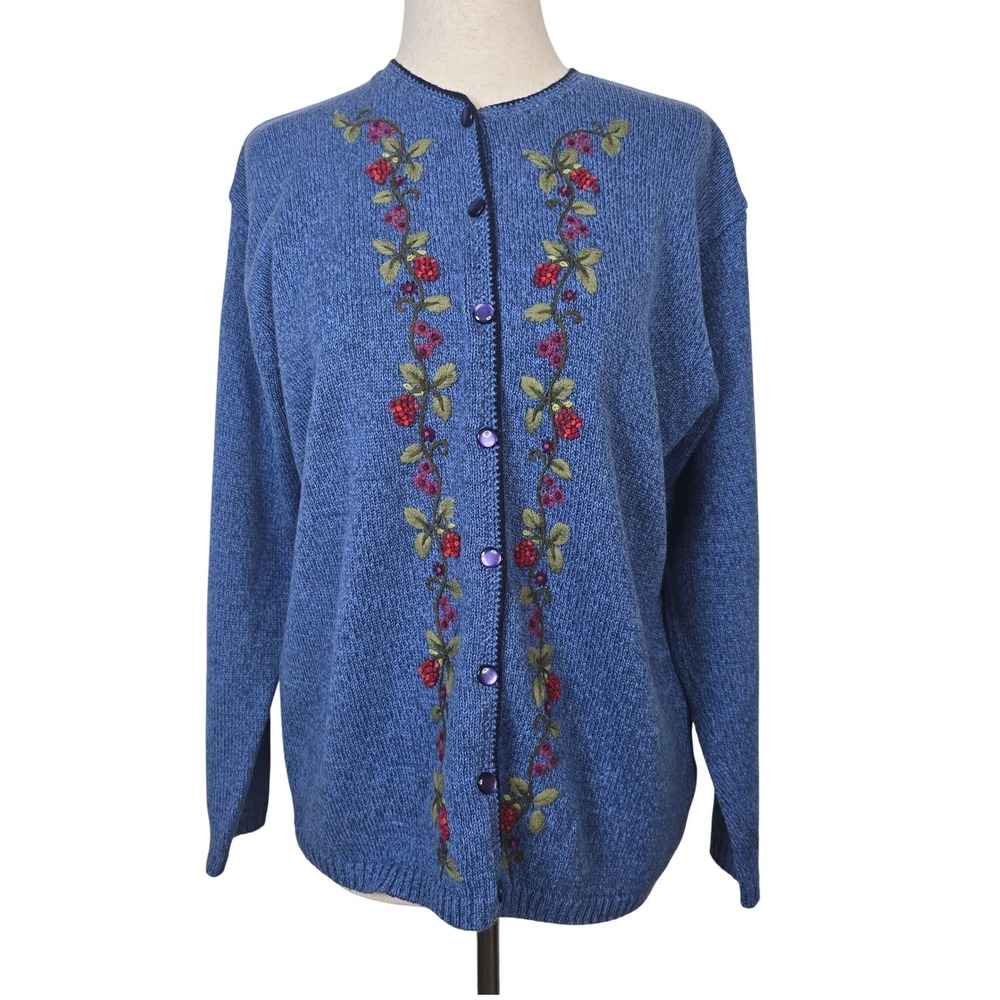 Tulchan Blue Cotton Floral Embroidered Cardigan Sweater Womens Medium